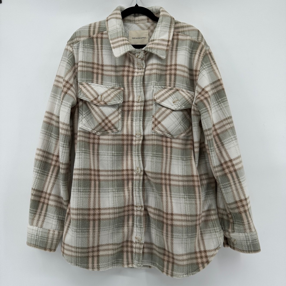 Thread & Supply Sage Taupe Plaid Shacket Button Down Fleece Shacket J7711PFKTS M